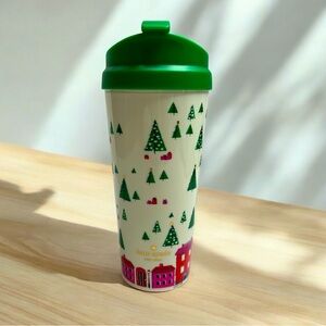 Kate Spade Plastic Travel‎ Coffee Mug Winter Holiday Village VGUC  locking lid